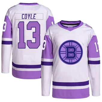 Youth Charlie Coyle Boston Bruins Hockey Fights Cancer Primegreen Jersey - White/Purple Authentic